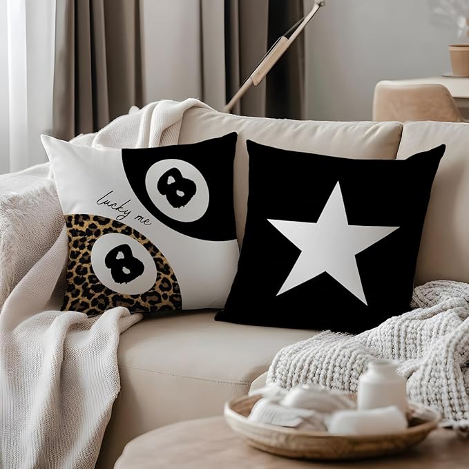 Trendy Leopard Lucky Girl 8 Ball Black Star Throw Pillow Covers 18x18, Cheetah Print Room Decor, Trendy Funky Y2K Leopard Print Decorative Pillow Covers for Girls Room Dorm Apartment, Set of 2