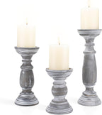 Rustic Wooden Pillar Candle Holders Set of 3, 12'' 9'' 6'' Farmhouse Wood Candle Stand for Table Centerpieces, Vintage Tall Candleholders Fireplace Mantel Decor for Living Room, Grey