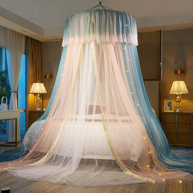 VETHIN Princess Bed Canopy for Girls,Bed Canopy Curtain- Double Layer Sheer Mesh Dome Bed Curtain- Round Lace Princess Mosquito Net Tent for Twin Full Queen King Bed(Blue/Pink/White)