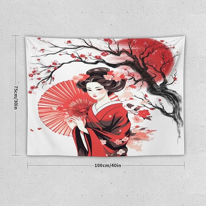 Japanese Red Geisha Tapestry Asian Cherry Blossom Traditional Kimono Folk Tapestries Home Decor for Living Room Bedroom Apartment Farmhouse Dorm 40"x30"