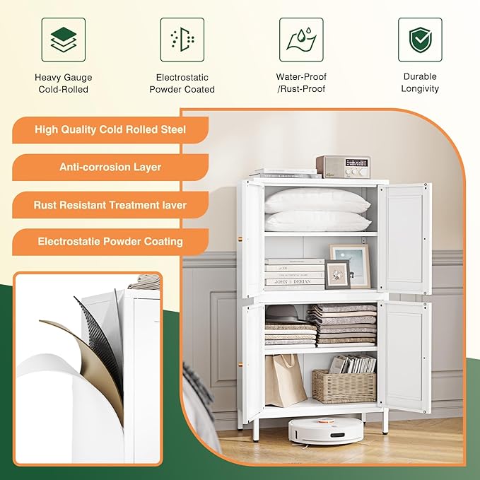 Letaya Storage Cabinet with Doors and Shelves,Small Freestanding Bathroom Floor Metal Cabinets -White