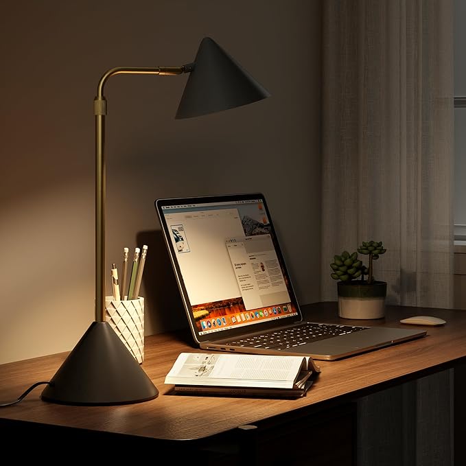 Metal Desk Lamp, 3000k Soft Light Modern Desk Lamp with Dimmer Switch, Adjustable Lighting with Swivel Arm Reading Lamp for Bedside Table, Office Desk, Task Light, Living Room(Black&Gold)