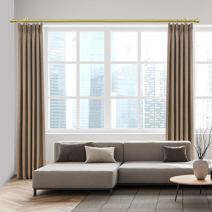 Curtain Rods for Windows 16 to 48 Inches, Curtain Rod Max Adjustable Length of 60 IN, 6/8" Diameter Drapery Rods Round Finials, Warm Gold, Pack of 1