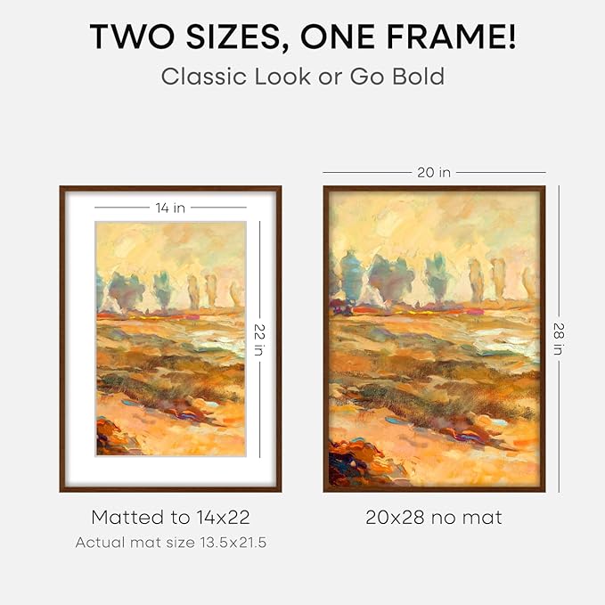 Homeforia 20x28 Picture Frame Brown, High End Dark Oak 20x28 Walnut Wooden Poster Frames with Mat 14x22, 20 x 28 Wood Frame Matted to 14 by 22, 28x20 Hanging Frames, Tempered Glass, Wall Kit, Set of 1