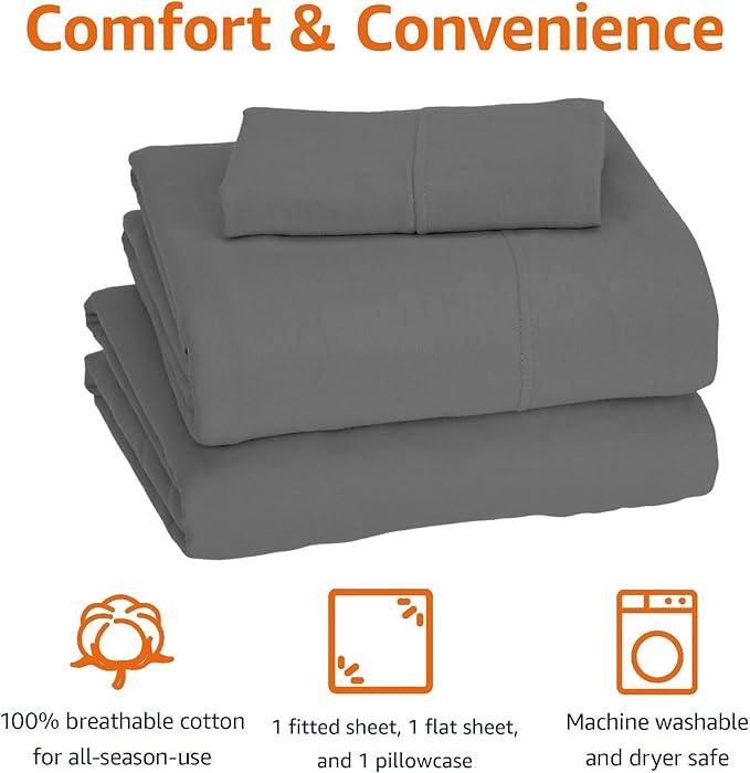 Amazon Basics 3 Piece Bed Sheet Set, 100% Cotton Jersey, Includes Super Soft, Flat and Fitted Sheets, Pillowcase, Toddler, Dark Gray, Solid