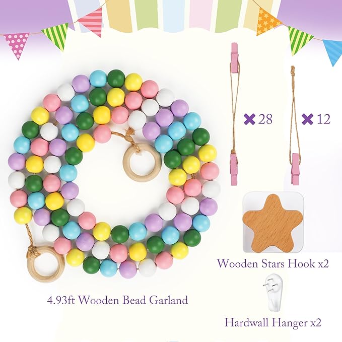 Kids Artwork Display Art Wall Decor 4.93ft Boho Wooden Beaded Garland Collage Holder with Hanging Rings Wooden Stars Hook 40 Wood Clips for Kids Artwork Photo Room Bedroom Decor Colorful