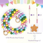Kids Artwork Display Art Wall Decor 4.93ft Boho Wooden Beaded Garland Collage Holder with Hanging Rings Wooden Stars Hook 40 Wood Clips for Kids Artwork Photo Room Bedroom Decor Colorful