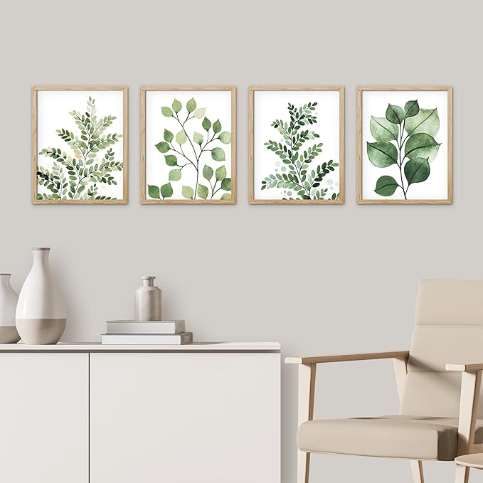SIGNWIN Framed Green Pastel Forest Fern Leaf Wall Art, Set of 4 Collage Nature Garden Wall Decor Prints, Nature Wilderness Wall Décor for Living Room, Bedroom - 8"x10" Natural