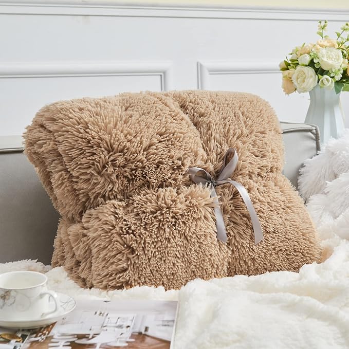 GONAAP Fuzzy Faux Fur Throw Blanket Brown Super Soft Cozy Plush Fuzzy Shaggy Blanket for Couch Sofa Bed (Brown, Throw(50"x60"))