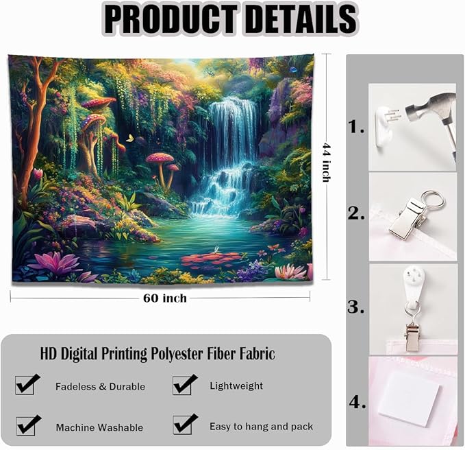 keowhsf Forest Waterfall Tapestry with Mushrooms and Flowers – Colorful Floral Plants Natural Landscape Wall Art, Fantasy Aesthetic Wall Hanging for Bedroom Decor