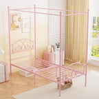 Weehom Princess Canopy Bed Frame with 4 Posters, Sturdy Metal Platform Mattress Foundation with Headboard&Footboard No Box Spring Needed Twin Size Bed for Kids Girls Adults Pink