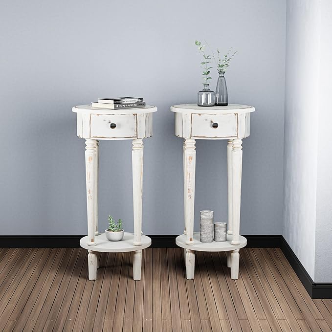 HOMPUS Farmhouse End Table Set of 2, Rustic Vintage Night Stand Set 2, Small White End Table with Drawer, Fully Assembled Narrow Wood Nightstand, Accent Bedside Table for Bedroom, Distressed off-white