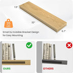 Floating Shelves for Wall, 31.5" W x 6.7" D x 1.5" H, Wooden Wall Mounted Display Shelves with Invisible Brackets for Living Room, Bedroom, Bathroom, Kitchen Decor and Storage, Set of 2, Oak