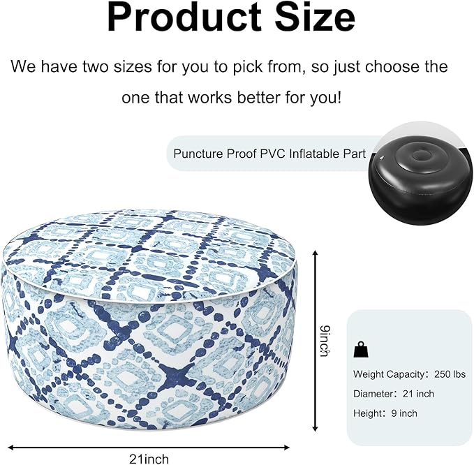 Inflatable Ottoman Stool D21 xH9 for Outdoor/Indoor Use, Water Repellent Patio Foot Rest with Portable Handle,Round Pouf Ottoman Suitable for Garden,Deck and Camping - Boho Geometry Blue
