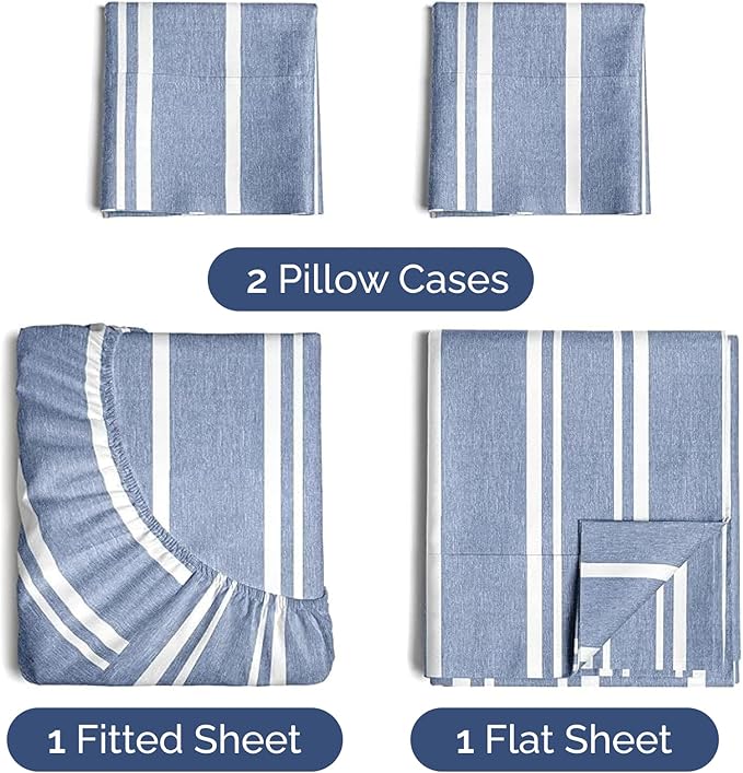 Twin Sheets Set 4 Piece - Includes 2 Pillowcases - Bed Sheets Twin Size - Soft Hotel Luxury Bedding - Cooling, Comfy & Breathable - 1 Flat & 1 Fitted & 2 Pillowcases w/ Deep Pockets - Blue Stripes