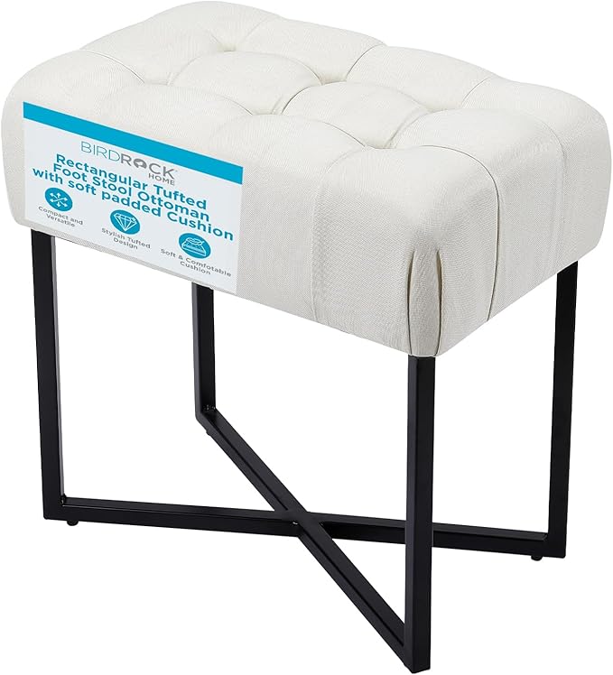 BIRDROCK HOME Rectangular Tufted Foot Stool Ottoman with Soft Padded Cushion - Versatile Vanity Chair for Bedroom, Living Room, Bathroom - Compact Seating for Adults - Cream with Black Metal Legs