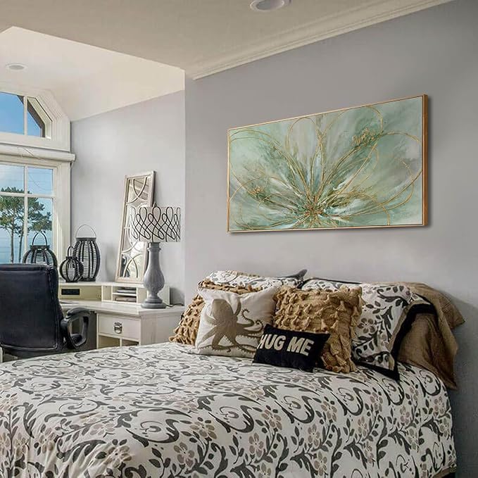 YJYart Green Abstract Canvas Artwork Flowers Wall Decor for Office Line Art Painting 24"x 48" Pictures for Bedroom Dining Room Neutral Wall Art