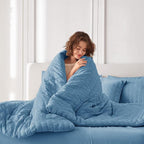 MUXHOMO 7 Pieces King Comforter Set, Seersucker Bed in a Bag King Size, All Season Luxury Bedding Set with Comforter, Flat Sheet, Fitted Sheet, Pillowcases & Shams, Mineral Blue