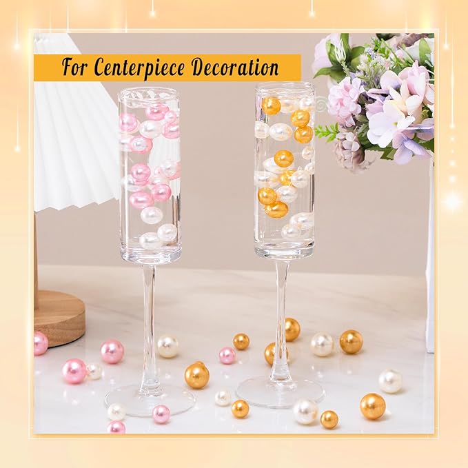 300Pcs Pearl Vase Filler, Ivory Gold No Hole Faux Pearl Beads for Centerpieces Vases, Candle Centerpieces, Wedding Birthday Party Home Decor 8/10/14/20mm