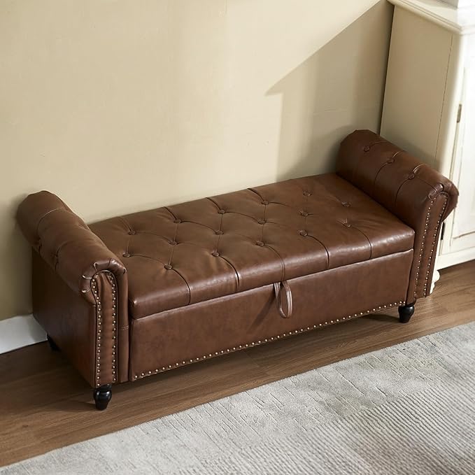 Furniliving 55” End of Bed Bench, Bedroom Bench with Button-Tufted, Large Upholstered Storage Ottoman Entryway Bench with Storage Shoe Cabinet Bench, for Bedroom, PU, Brown