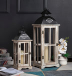 Set of 2 Large Decorative Wooden Metal Lanterns, Farmhouse Rustic Floor Candle Lanterns, Indoor/Outdoor Hanging Lanterns for Home Decor (No Glass)
