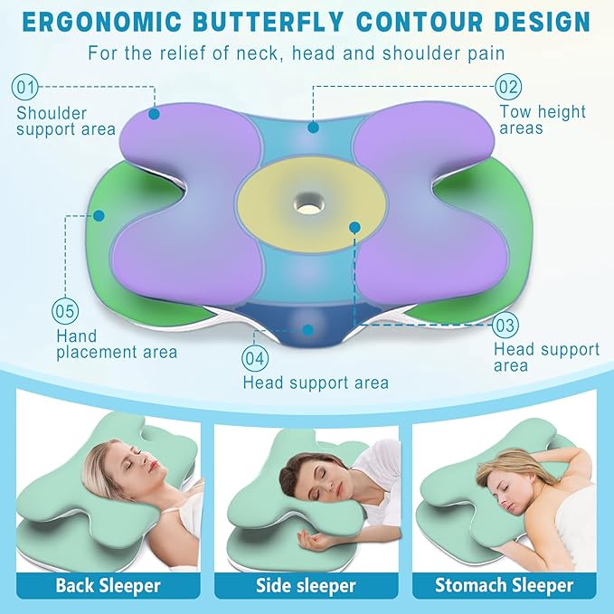 Cervical Pillow for Neck and Shoulder Pain Relief, Ergonomic Neck Pillow for Sleeping, Contour Memory Foam Cervical Pillow, Neck Pillow for Side Back Stomach Sleepers with Silk Fabric (Light Green)