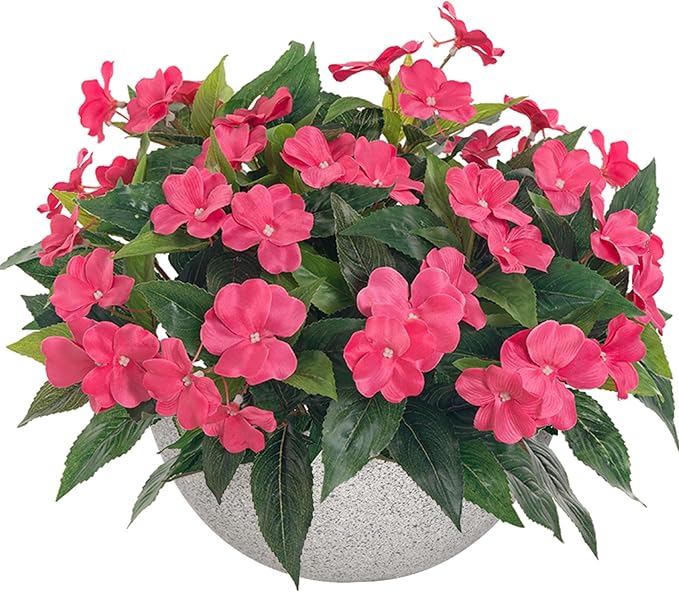 Artificial Impatiens Bouquet Flowers for Outdoors Silk Faux Flowers for Outdoor Impatiens Plants Decor Indoor Planters Kitchen Planters and Balcony Decorations 2PCS（Rose Red）