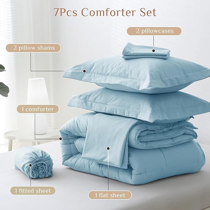 JOLLYVOGUE Full Comforter Set, Ultra-Soft Bed in a Bag Full Size 7 Pieces, Oeko-TEX Certified Bedding Set with Down Alternative Comforter, Sheets, Pillowcases & Shams, Lake Blue
