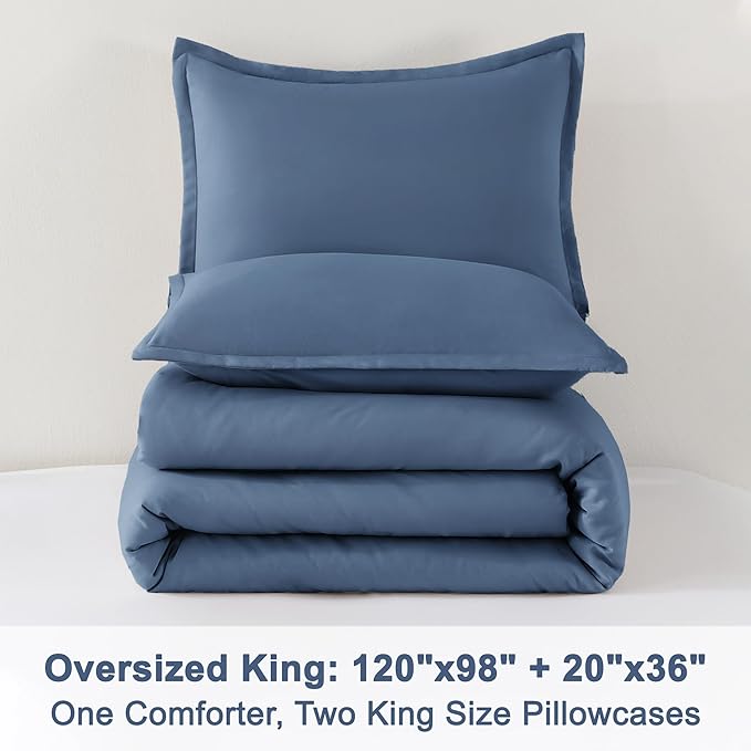 Litanika Haze Blue Comforters Oversized King Size, 3 Pieces Lightweight Solid Bedding Comforter Set, All Season Fluffy Bed Set (120x98In Comforter & 2 Pillowcases)