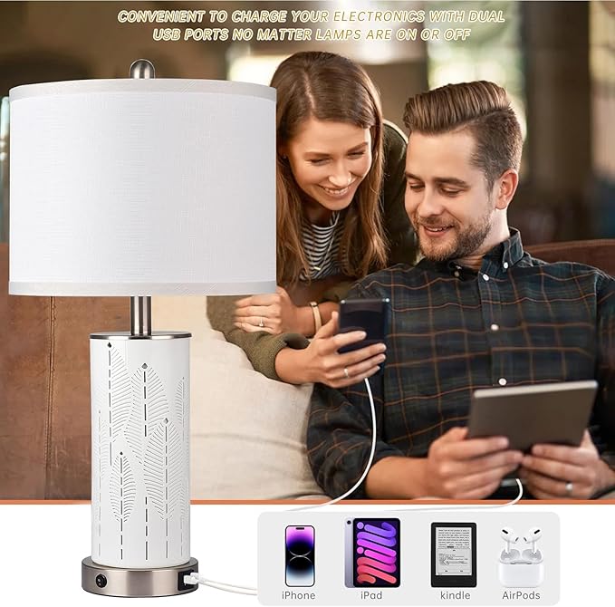 Ceramic Engraved Translucent Light Decorative 25" Table Lamps Set of 2 with Nightlight,E26 Socket&Rotary Switch,USB A+C Ports,Modern Bedside Lamps for Nightstand,Bedroom(Bulbs Included)
