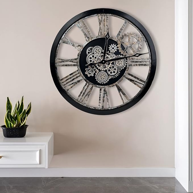 The B-Style Large Real Moving Gears Wall Clock 30 inch Rustic Retro Industrial Farmhouse Wood Clock Oversized Decorative Vintage Wall Clocks for Living Room (Black)