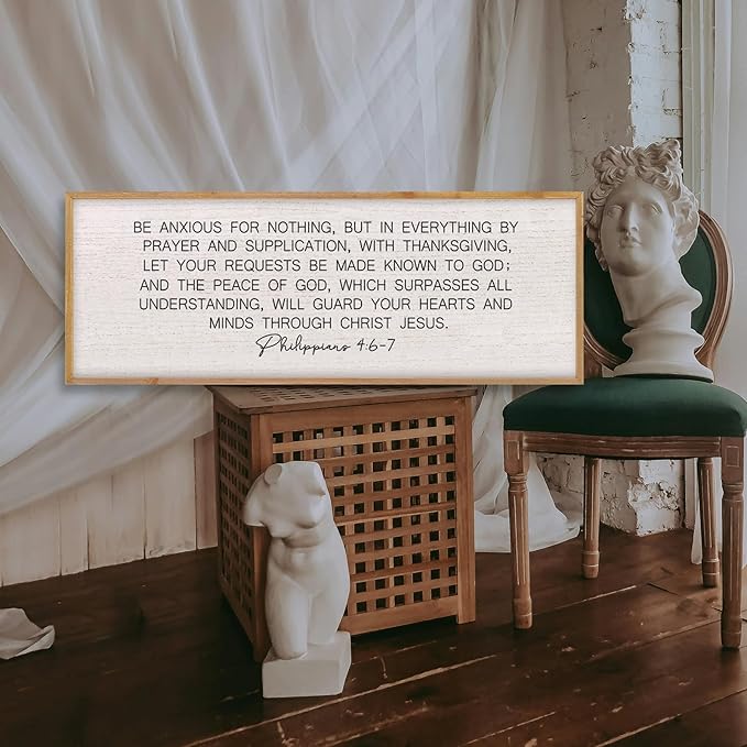 LuZhiQiang Be Anxious for Nothing Wall Decor 32"×12" Philippians 4:6-7 Bible Verse Sign Large Christian Scripture Wood Framed Hanging Decor (Wood)