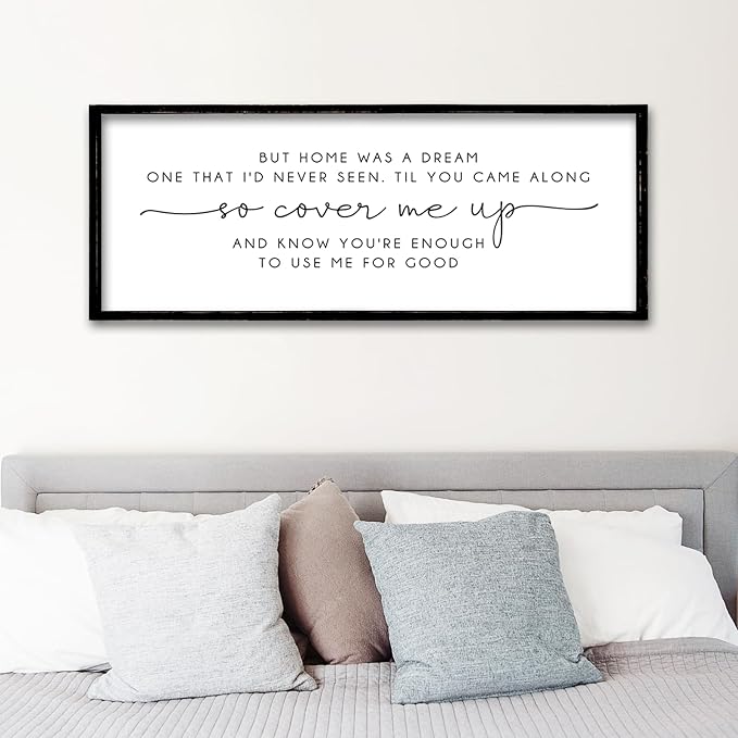 ZZJJHYWGQ Romantic Quote Wall Art So Cover Me Up Sign 32"×12" Inspirational Home Was A Dream Decor Rustic Large Wood Framed Print for Bedroom Living Room Couples Motivational Wall Hanging (Black)