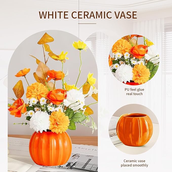 Artificial Flowers, Fake Flowers in Vase, Silk Flowers with Ceramic Vase, Faux Flowers Arrangement for Homes, Restaurants Decoration Dining Table Centerpiece Decor (Orange)