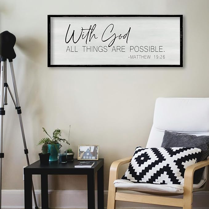 ZZJJHYWGQ Bible Verse Wall Decor With God All Things Are Possible 32"×12" Christian Religious Home Inspirational Print Catholic Sign for Living Room Religious Faith Large Hanging Art (Black)