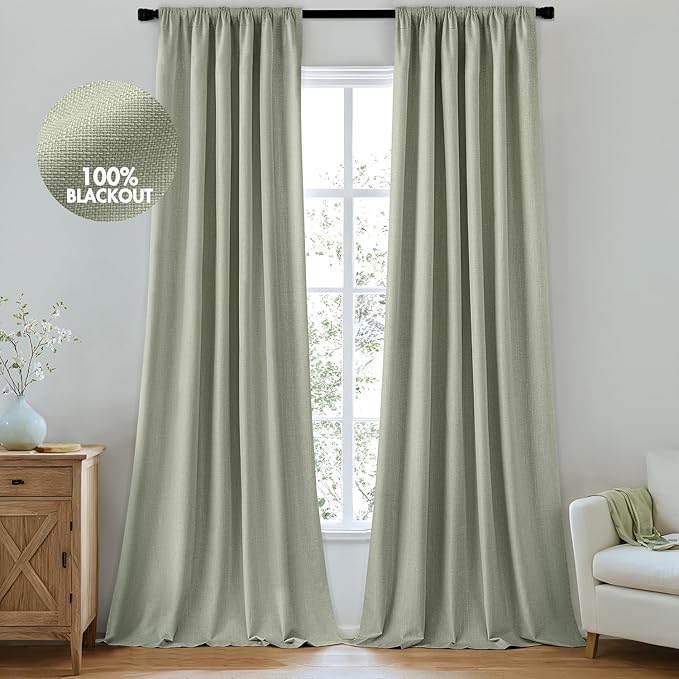 MIULEE 100% Blackout Curtains 84 Inch Long 2 Panels for Bedroom, Thick Luxury Faux Linen Black Out Curtain Room Darkening Back Tab Pleat Window Textured Drapes with Hooks for Living Room, Sage Green