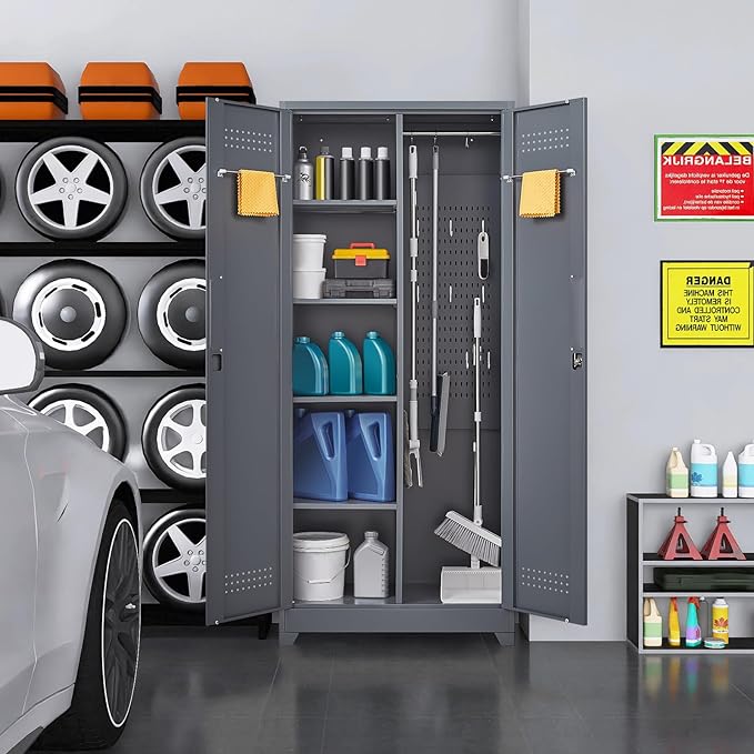 Lockable Storage Cabinet,Utility Closet with Doors and Shelves,SteelGarage Cabinet with Adjustable Shelves for Home,Garage,Gray