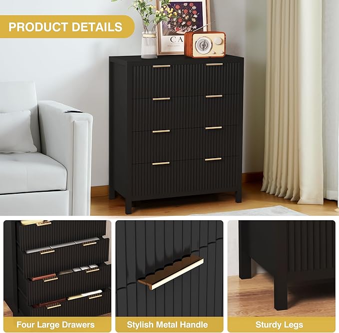 4 Drawer Double Dressers for Bedroom with Waveform Fluted Panel Design, Modern Wide Chest of Drawers,Wood Storage Dresser Chest of Drawers for Bedroom Living Room Hallway Closet, Black 2 Sets