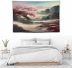 Japanese Tapestry, Red Plum Cherry Blossom Mountain Tapestry, Asian Japanese Wall Tapestry, Nature Landscape Tapestries for Bedroom Living Room Decor 90"x60"