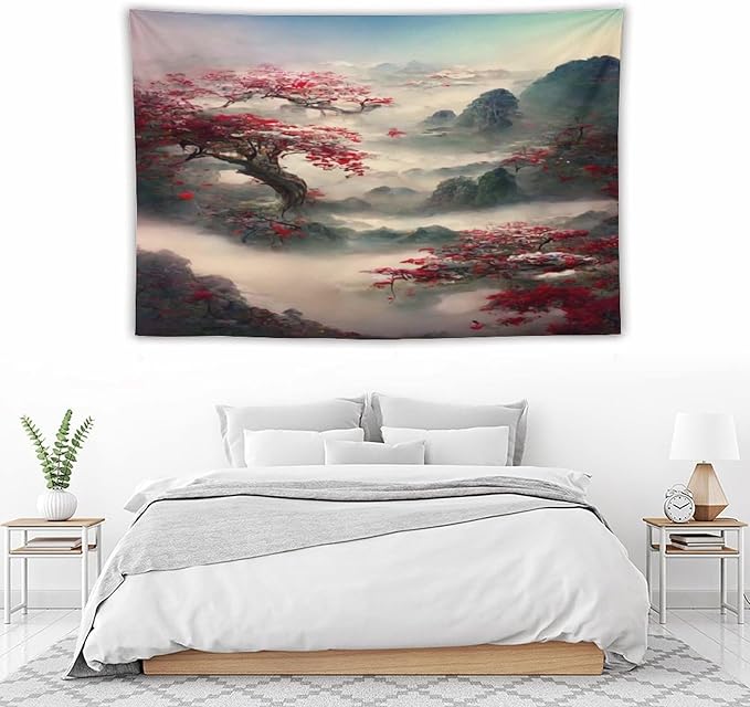 Japanese Tapestry, Red Plum Cherry Blossom Mountain Tapestry, Asian Japanese Wall Tapestry, Nature Landscape Tapestries for Bedroom Living Room Decor 90"x60"