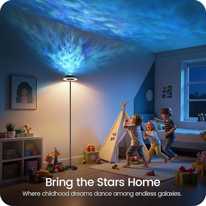 LED Floor Lamp with RGB Galaxy Projector, 18W Double Sided Corner Light Rotatable, Dimmable Standing Lamp with Remote, Black Modern Lamp for Living Room, Bedroom, Kids Room, Gaming B14LD05