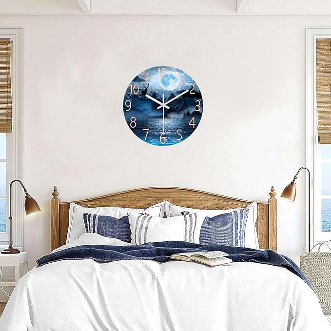 XFM Extra Large Blue Wall Clock 24 Inch Round Silent Non-Ticking Battery Operated Wall Clocks Glass Moon Forest Deer Decorative Clock for Kitchen Living Room Home Office
