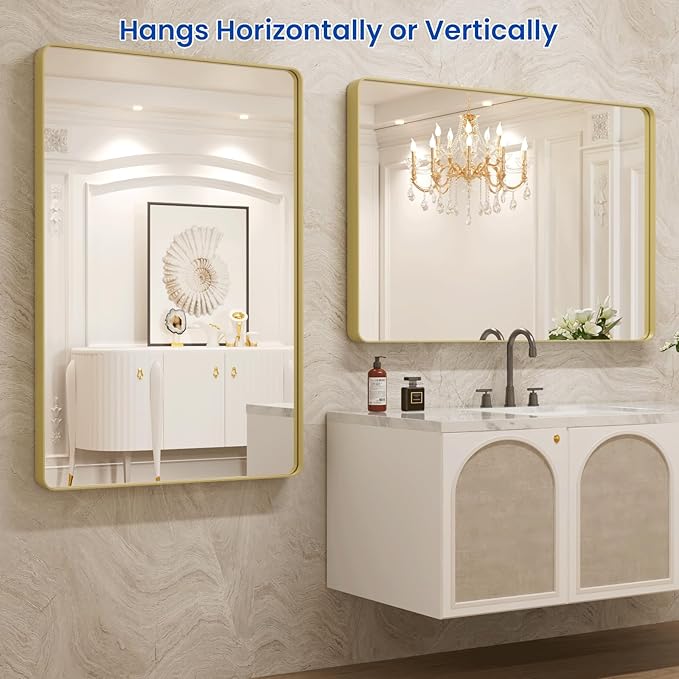 WEER Gold Bathroom Mirror, 48X30 Inch Brushed Gold Metal Frame Mirror, Rounded Rectangle Gold Bathroom Vanity Mirror for Wall, Tempered Glass, Anti-Rust, Hangs Horizontally or Vertically
