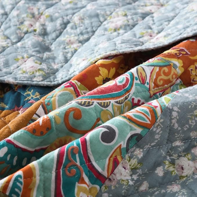 Cotton Bedspread Quilt Sets Reversible Bedding Coverlet Sets 3 Pieces Paisley Vintage Floral Yellow Blue Patchwork Bedspread, King Size