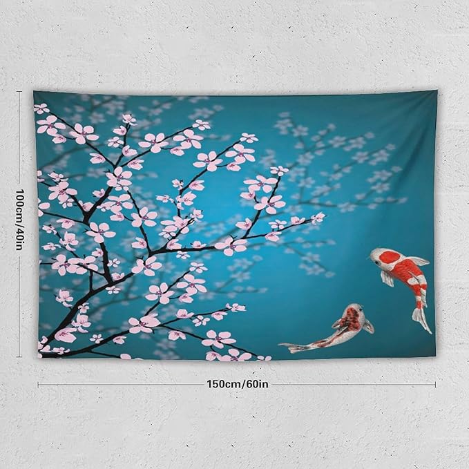 Houselerax Japanese Koi Fish Tapestry, Cherry Blossoms Asian Oriental Green Teal Flower Branch Koi Fish Carp Tapestries Wall Hanging for Bedroom Living Room Office Decor 60"x40"