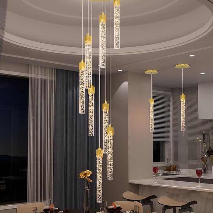 8-Light Led Chandelier, Gold Crystal Modern Led Chandelier for Dining Room, Luxury Enterway Led Dimmable Pendant Lights Fixture with Remote Control Flush Mount