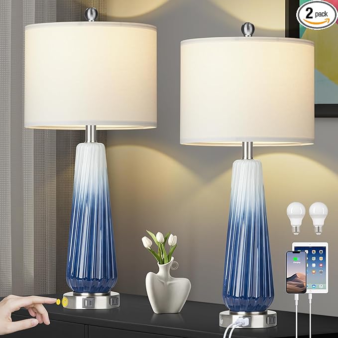 28" Glass Table Lamp Set of 2, Modern Table Lamps with USB A+C Ports & AC Outlet, Touch Control Bedside Nightstand Lamp with LED Night Light & White Fabric Shade for Living Room Blue(4 Bulbs Included)