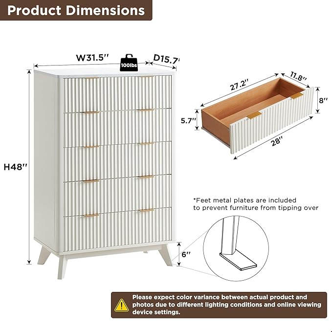 T4TREAM Fluted 5 Drawers Dresser, 48" Tall Modern Chest of Drawers with Faux Marble Top, Curved Profile Design, Wood Drawer Organizer for Bedroom, Living Room, Hallway, Entryway, Solid White