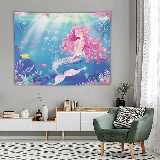 HZOHNAGO Mermaid Girls Tapestry Watercolor Mermaid Princess Pink Hair Pattern for Kids Room Decoration Printed Wall Tapestry Wall Hanging for Bedroom Living Room Dorm 80" W x 60" H