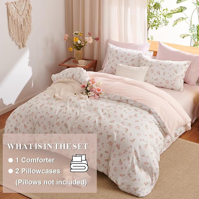 Floral Comforter Set King Size - 3 Pieces Pink White Floral Comforter Bedding Sets Reversible Pattern,King Bed in a Bag with Flowers Comforter and 2 Pillowcases